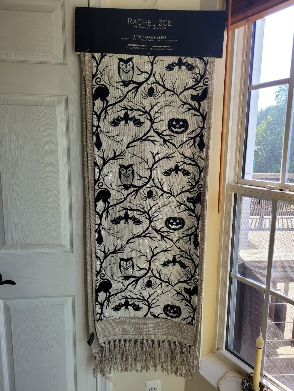 Rachel Zoe Black and Cream Halloween Bat Owl Jack-o-lantern Fringe Table Runner